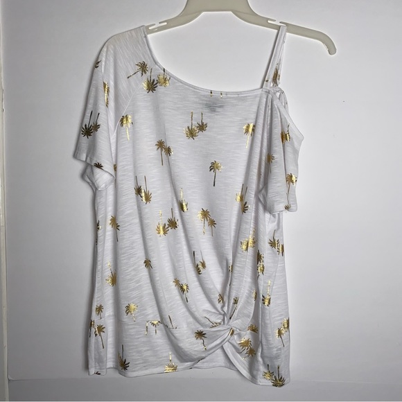 Torrid Off Shoulder Feather Soft Slub Twist Hem White Gold Palm Tree Top 1X - Picture 1 of 12